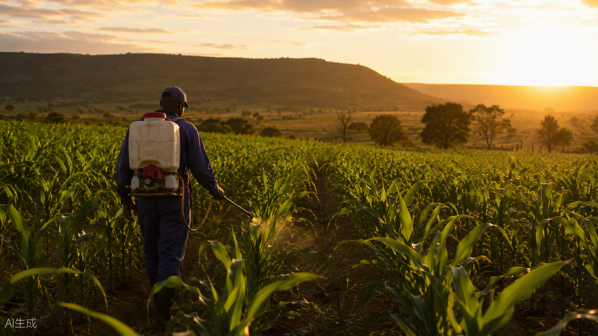 Farmer spraying a maize field at sunset